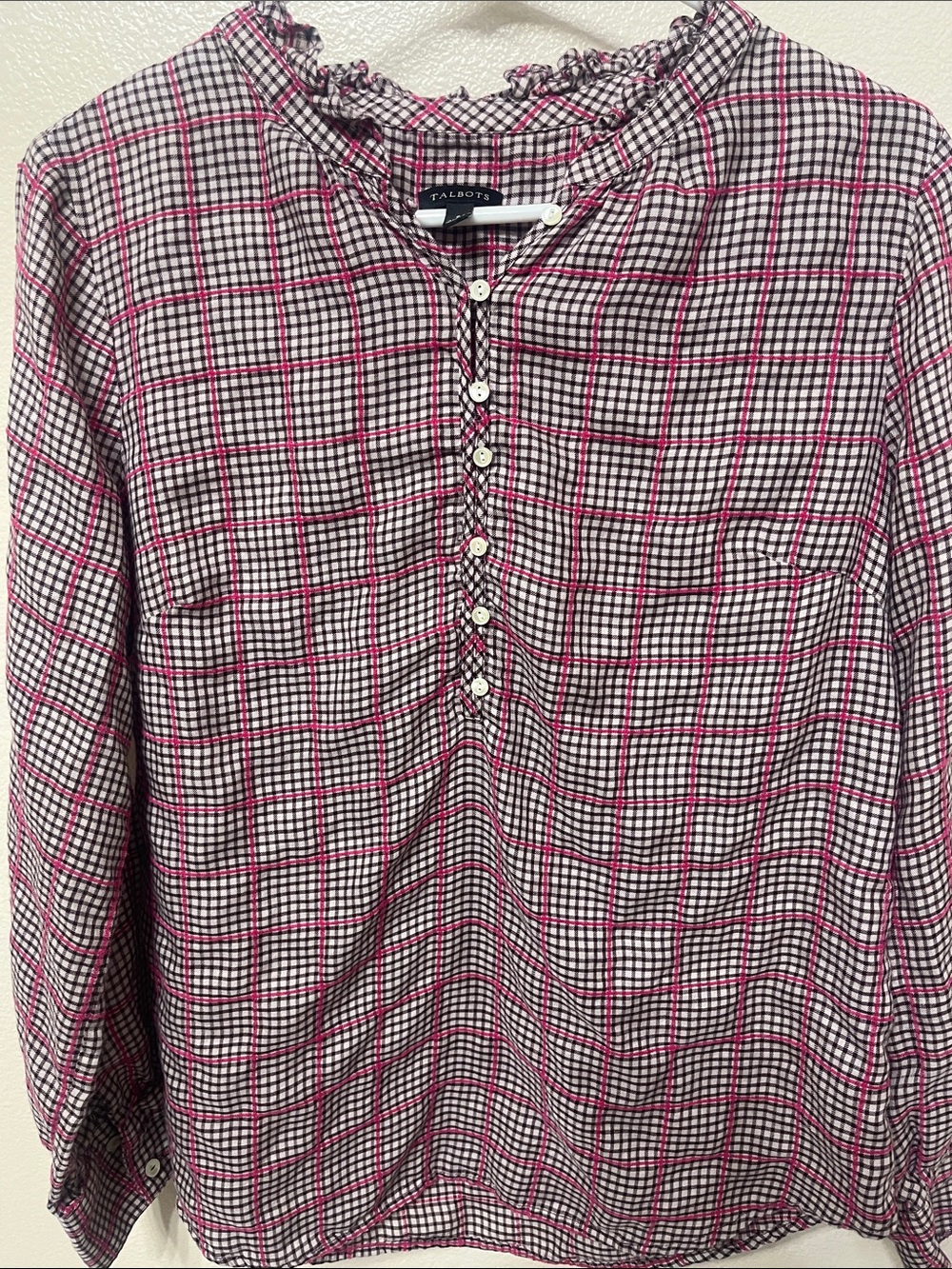 Talbots Pink and Cream Plaid Ruffle Neck Peasant Blouse